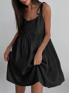 ♥️Hello Gorgeous!  COTTON Tie-Shoulder Frill Mini Sleeveless  Sundress - Black